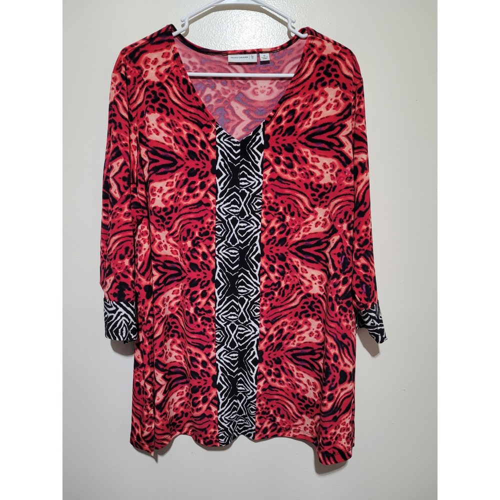 Susan Graver Tunic Top Women 1X Red Mixed Animal Print V-Neck 3/4 Sleeve